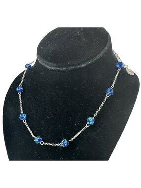 Liz Claiborne Rhinestone Station Cluster Necklace Blue Silver Tone Jewelry 19"